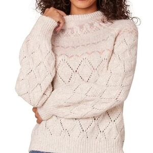 NWT Democracy Fair Isle Pointelle Knit Pullover Sweater Ecru Mauve - PL